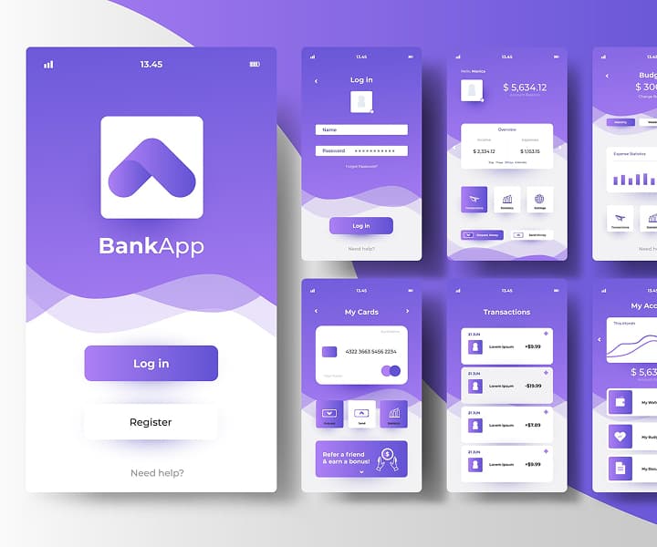 Banking app interface design with dashboard and transaction screens