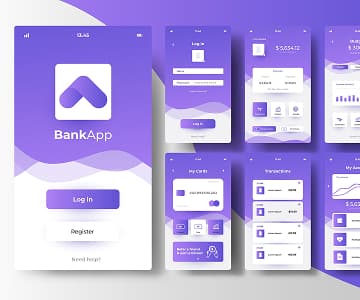 Banking app interface design with dashboard and transaction screens